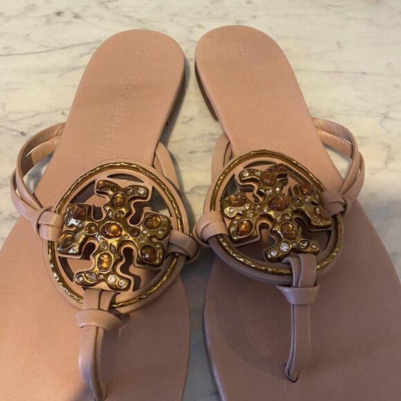 Tory Burch Jeweled Miller Logo Sandals Womens Size 11 Pink Thong Leather Shoes - Picture 4 of 8